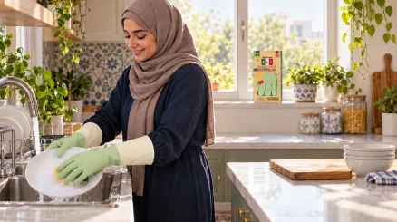 شست‌وشوی ظروف با دستکش ایزی کلین در بخشی جدا از آماده‌سازی غذا