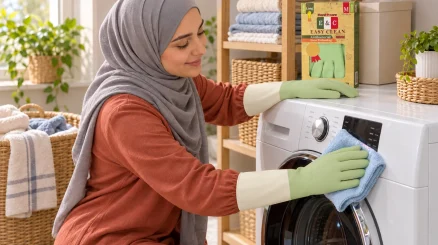 تمیز کردن سطح بیرونی ماشین لباسشویی با دستکش خانگی ایزی کلین